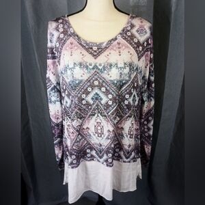 Kiara long sleeve top, pink, white, and blue geometric pattern, size XL